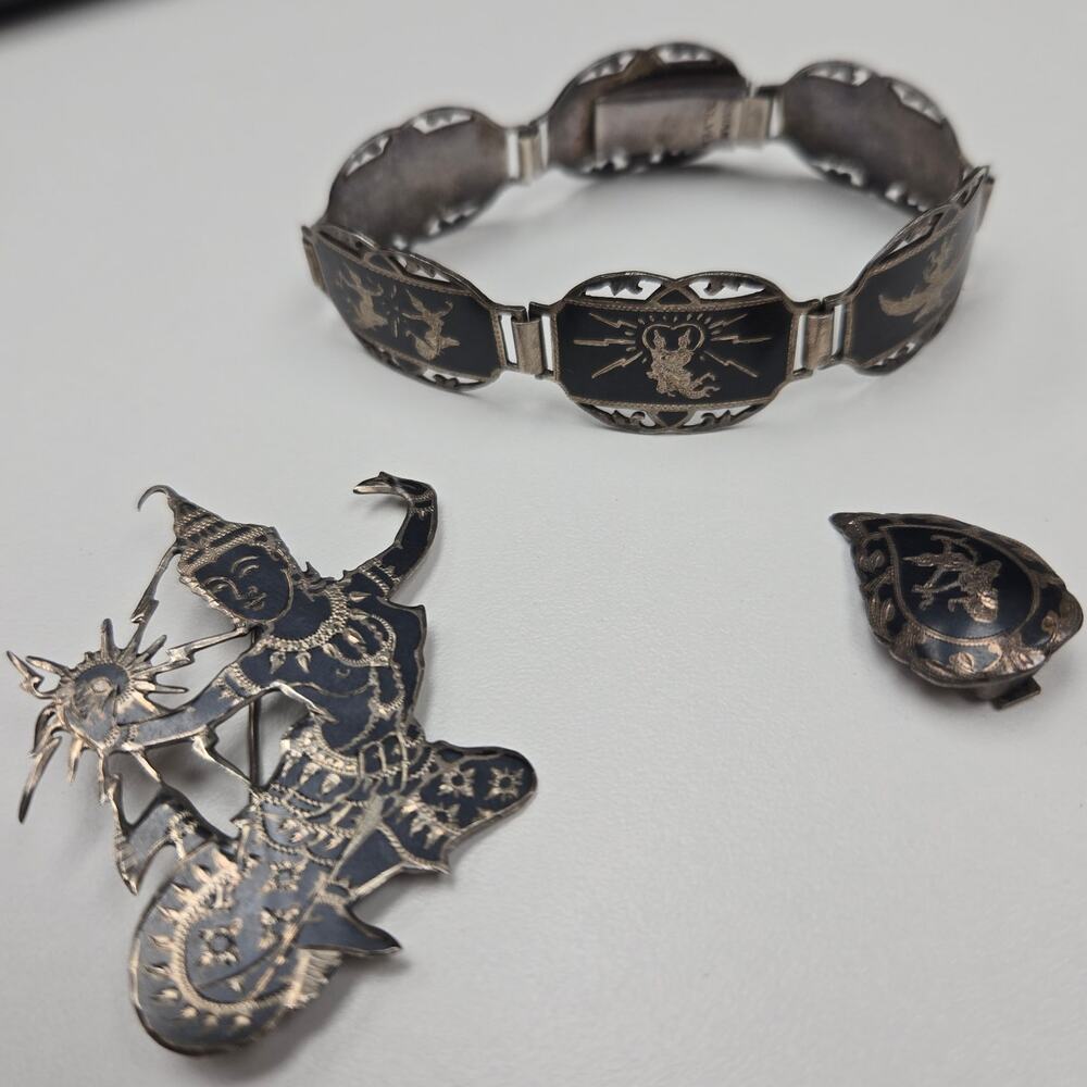 Vtg Siam Sterling Silver Niello Dancer Bracelet Brooch Single Earring Set 34.6g